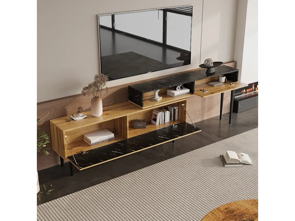 Scandinavisch tv-meubel - marmeren afwerking - zwart en naturel ModernLuxe