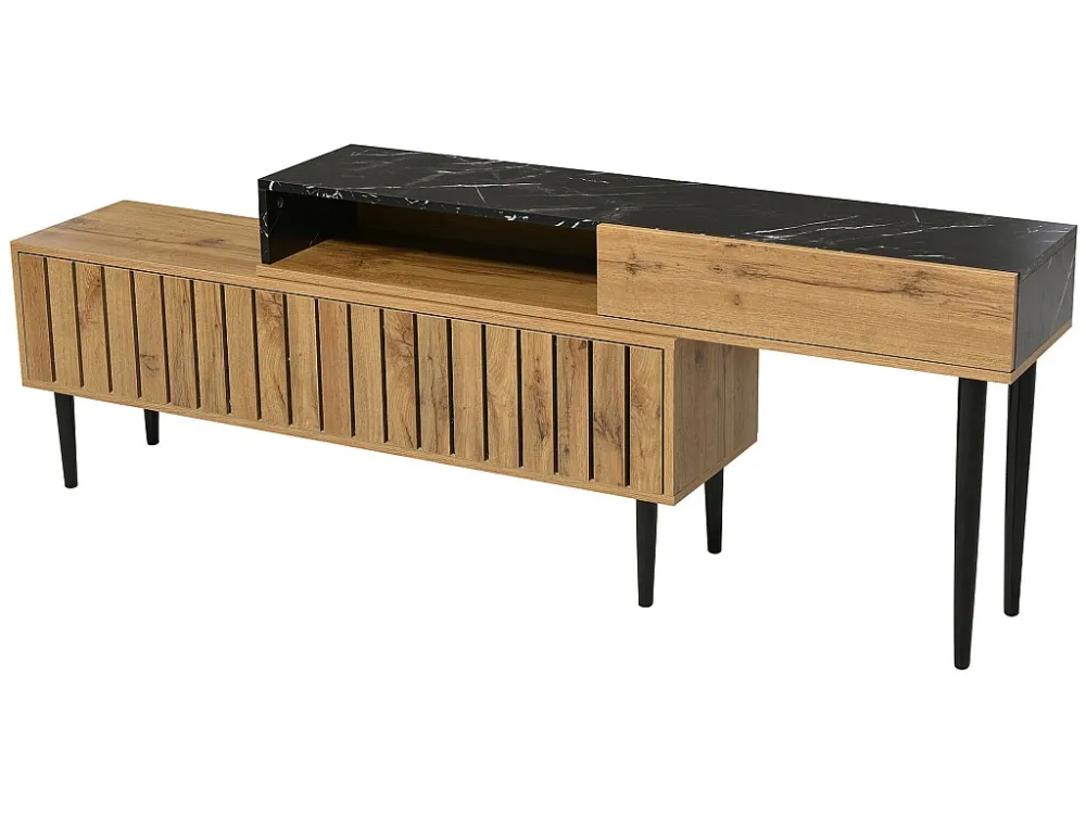 Scandinavisch tv-meubel - marmeren afwerking - zwart en naturel ModernLuxe
