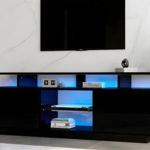 TV-meubel 140 cm met LED-verlichting 16 kleuren - met glazen wanden - Zwart ModernLuxe
