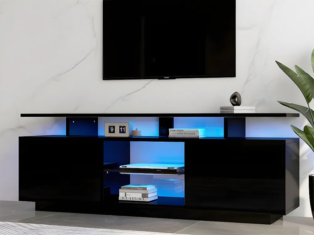 TV-meubel 140 cm met LED-verlichting 16 kleuren - met glazen wanden - Zwart ModernLuxe