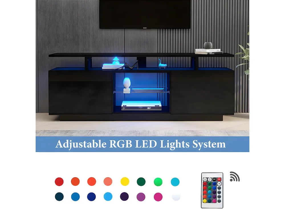 TV-meubel 140 cm met LED-verlichting 16 kleuren - met glazen wanden - Zwart ModernLuxe