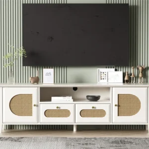 TV-meubel 160 cm - gebogen rotan deur - met lades - MDF - Wit ModernLuxe