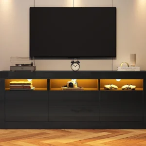 TV-meubel 160cm geschikt voor 70" TV - met LED - 2 deuren 2 lades 3 open vakken - Zwart ModernLuxe