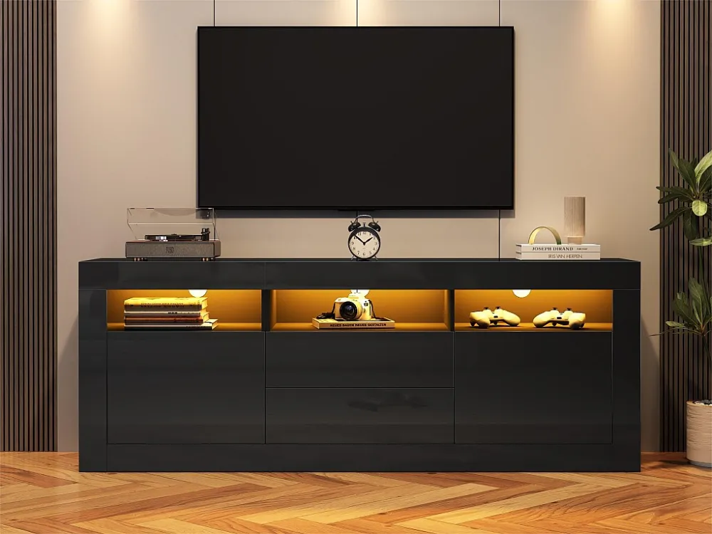 TV-meubel 160cm geschikt voor 70" TV - met LED - 2 deuren 2 lades 3 open vakken - Zwart ModernLuxe