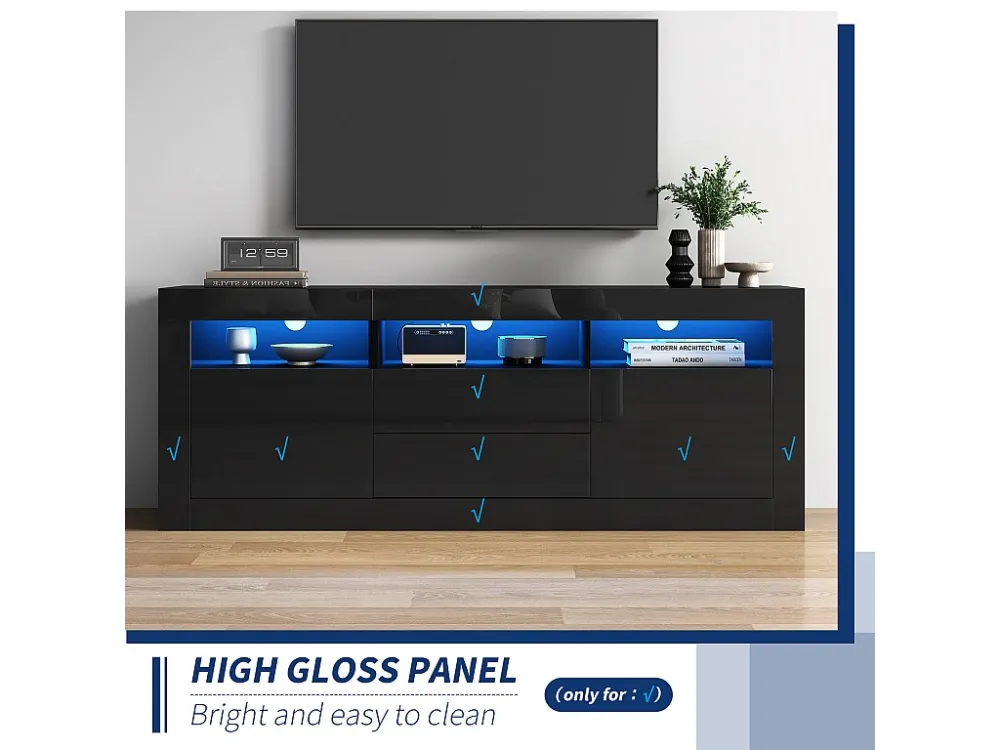 TV-meubel 160cm geschikt voor 70" TV - met LED - 2 deuren 2 lades 3 open vakken - Zwart ModernLuxe