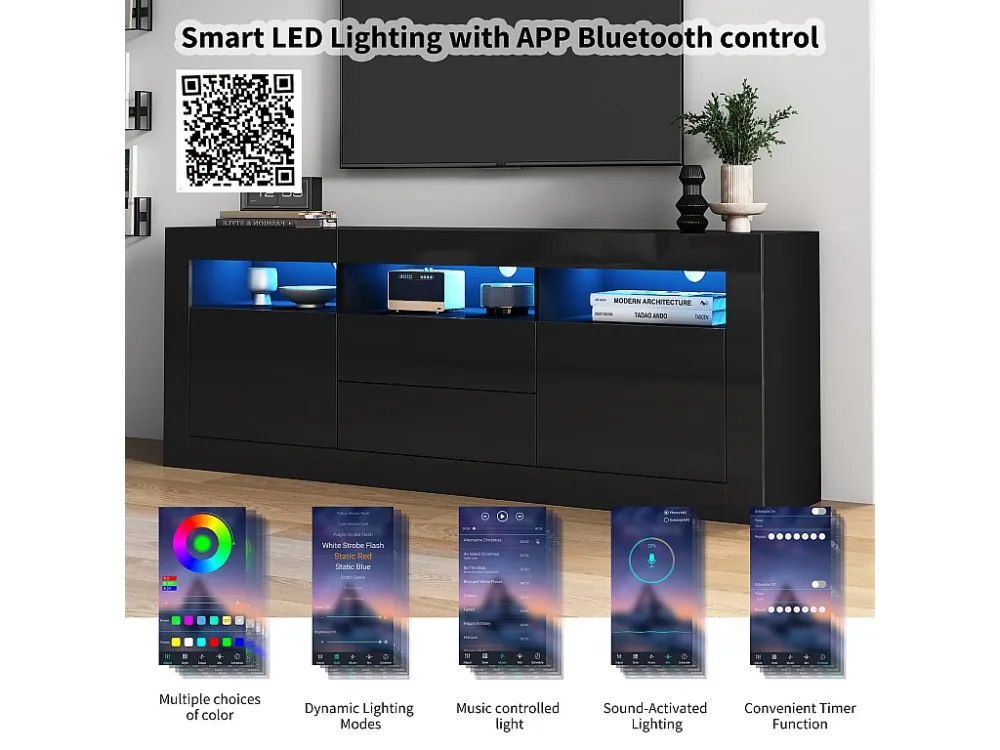 TV-meubel 160cm geschikt voor 70" TV - met LED - 2 deuren 2 lades 3 open vakken - Zwart ModernLuxe