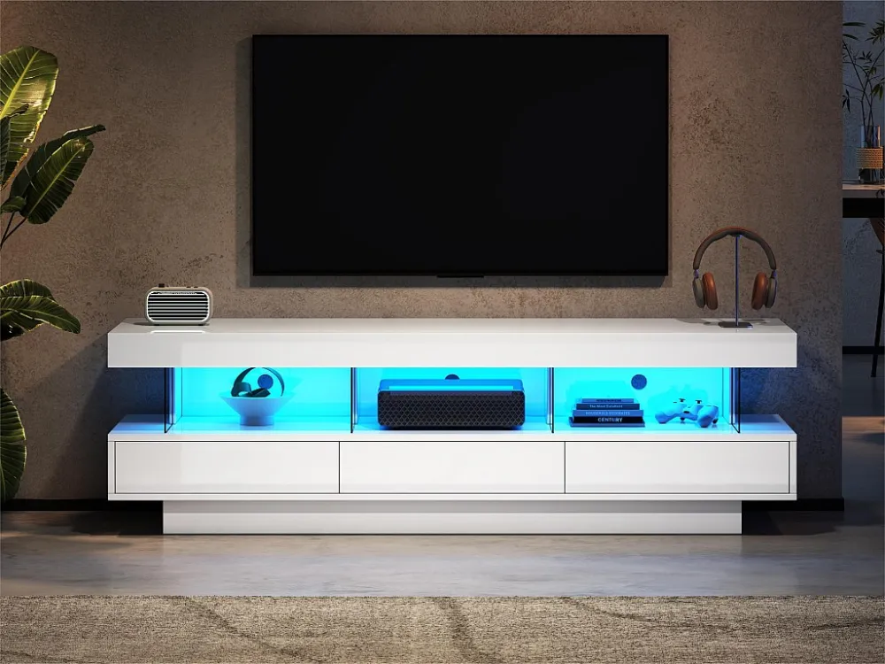 TV-meubel 160cm met LED - 3 glazen compartimenten - APP bestuurbaar - geschikt voor 70" TV - Wit ModernLuxe