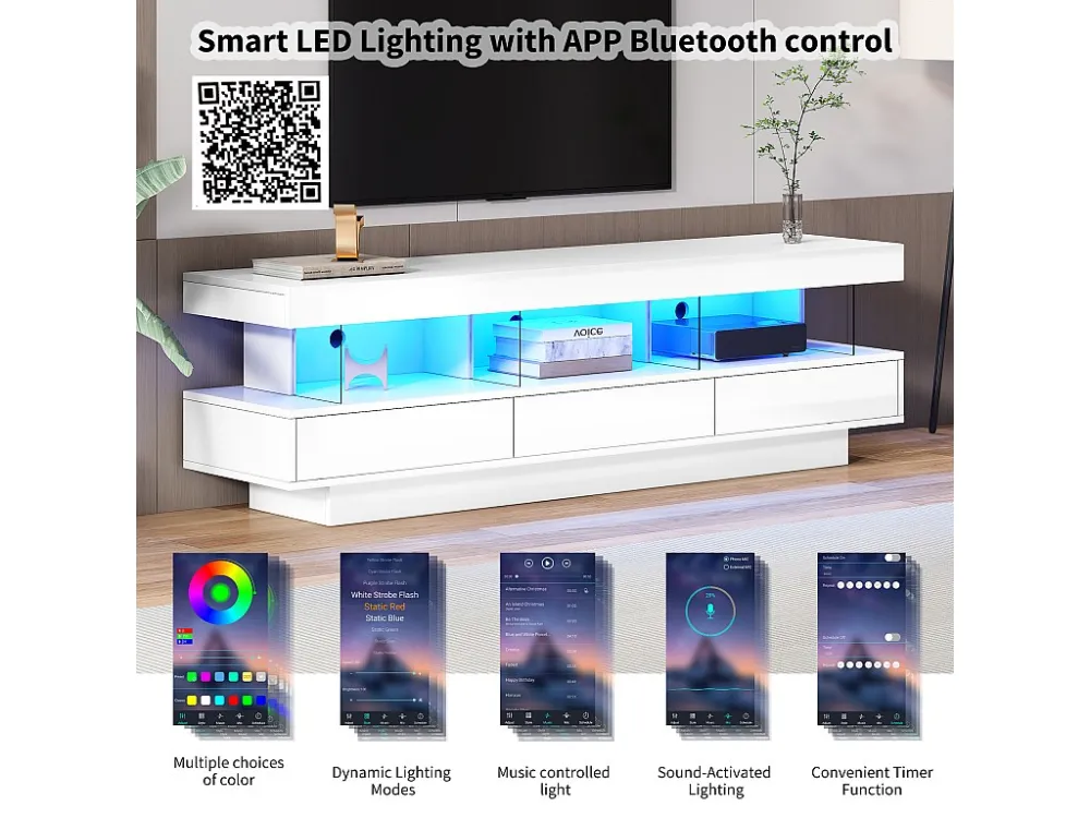 TV-meubel 160cm met LED - 3 glazen compartimenten - APP bestuurbaar - geschikt voor 70" TV - Wit ModernLuxe