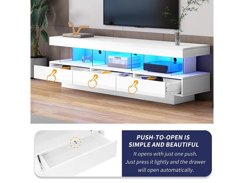 TV-meubel 160cm met LED - 3 glazen compartimenten - APP bestuurbaar - geschikt voor 70" TV - Wit ModernLuxe