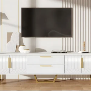 TV-meubel L 170cm - glanzende uitstraling - 4 gegraveerde structuurdeuren met gouden handgrepen - Wit ModernLuxe