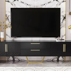 TV-meubel L 170cm - glanzende uitstraling - 4 gegraveerde structuurdeuren met gouden handgrepen - Zwart ModernLuxe