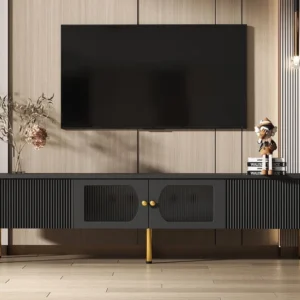 TV-meubel L 170cm - 2 laden en 2 deuren - gouden handgrepen en poten - Zwart ModernLuxe