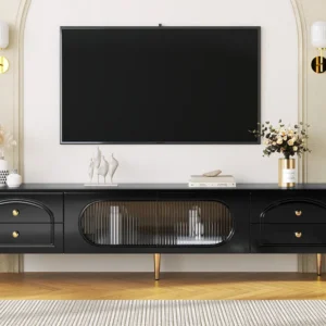 TV-meubel 175 cm - 2 glazen deuren en 4 laden - MDF - Zwart ModernLuxe