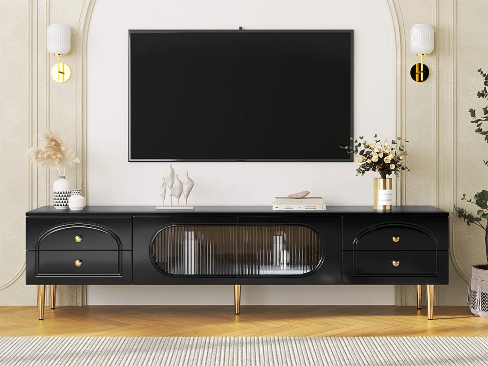 TV-meubel 175 cm - 2 glazen deuren en 4 laden - MDF - Zwart ModernLuxe