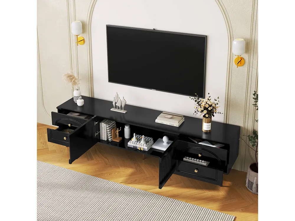 TV-meubel 175 cm - 2 glazen deuren en 4 laden - MDF - Zwart ModernLuxe