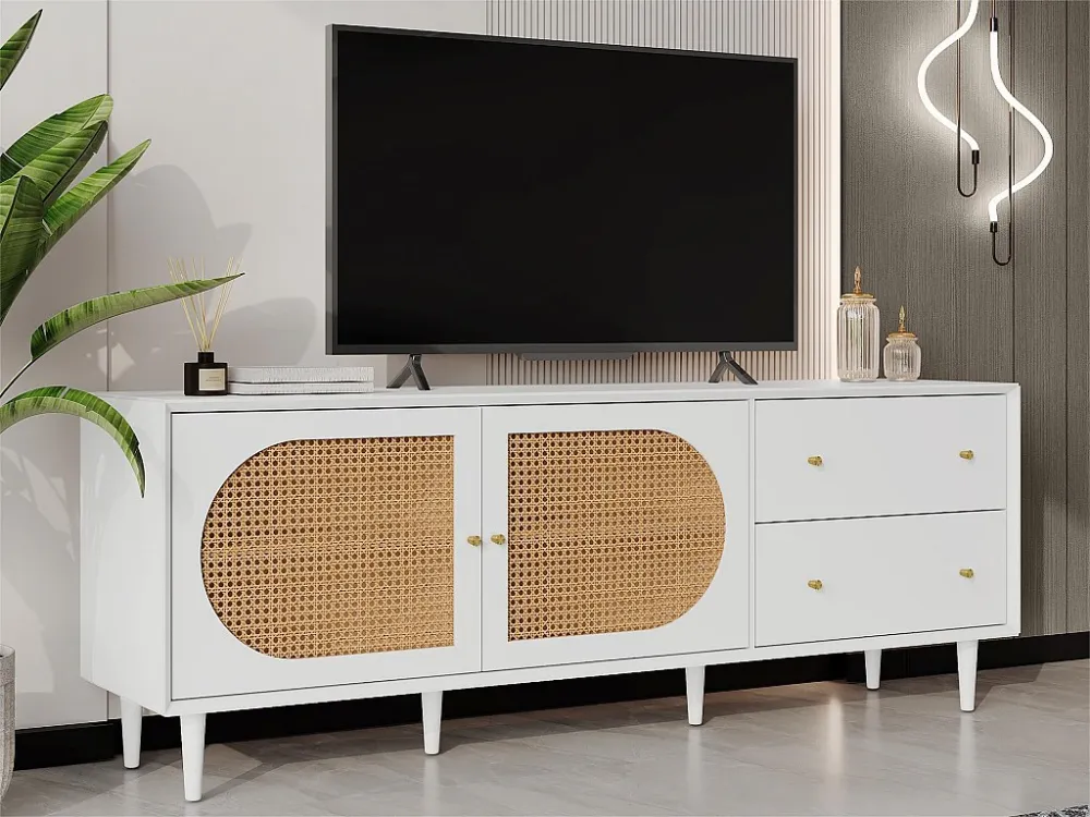 TV-meubel 180 cm - 2 laden - massief houten poten - Wit ModernLuxe