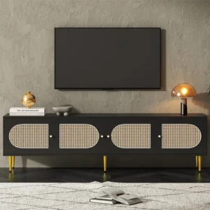 TV-meubel 180 cm - met 4 rotan deuren en verstelbare planken - Zwart ModernLuxe