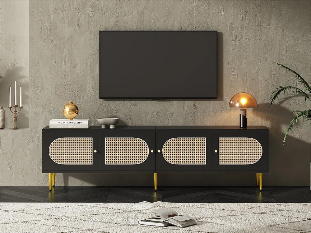 TV-meubel 180 cm - met 4 rotan deuren en verstelbare planken - Zwart ModernLuxe