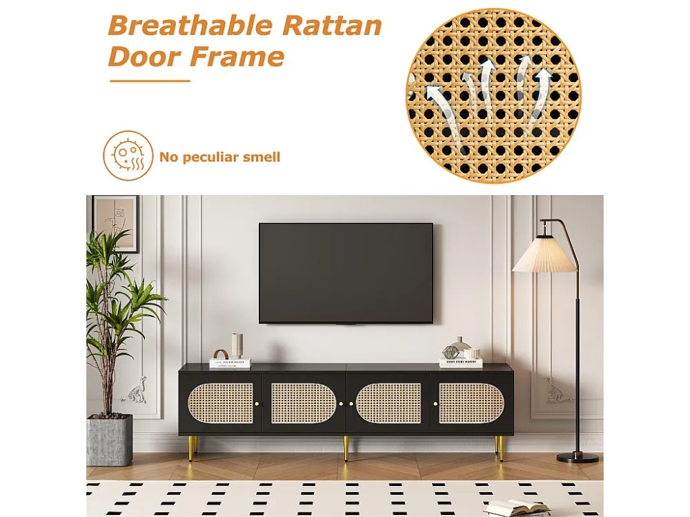 TV-meubel 180 cm - met 4 rotan deuren en verstelbare planken - Zwart ModernLuxe