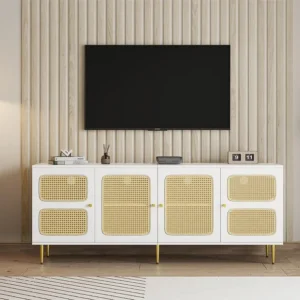 TV-meubel 180 cm - 4 rotan deuren - hoogte verstelbare planken - Wit ModernLuxe