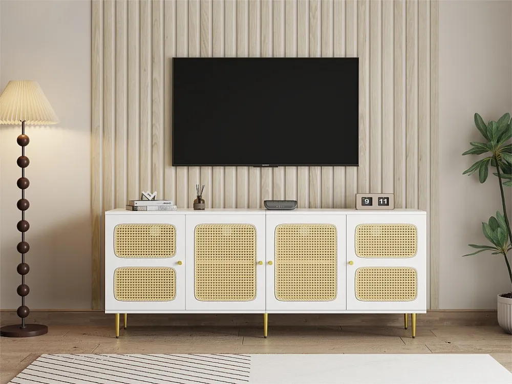 TV-meubel 180 cm - 4 rotan deuren - hoogte verstelbare planken - Wit ModernLuxe