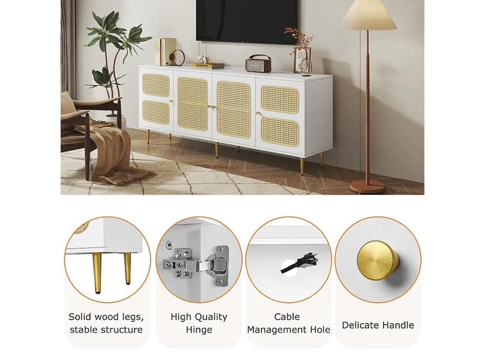TV-meubel 180 cm - 4 rotan deuren - hoogte verstelbare planken - Wit ModernLuxe