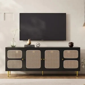 TV-meubel 180 cm - 4 rotan deuren - hoogte verstelbare planken - Zwart ModernLuxe
