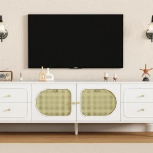 TV-meubel 180 cm - 2 rotan deuren en 4 lades - hoogte verstelbare poten - Wit ModernLuxe