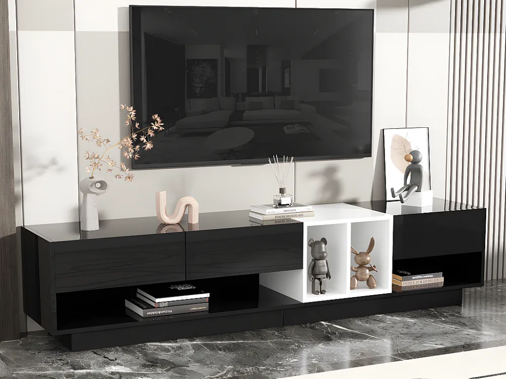 TV-meubel 190 cm - 3 lades en 2 vakken - glanzende look - Zwart ModernLuxe