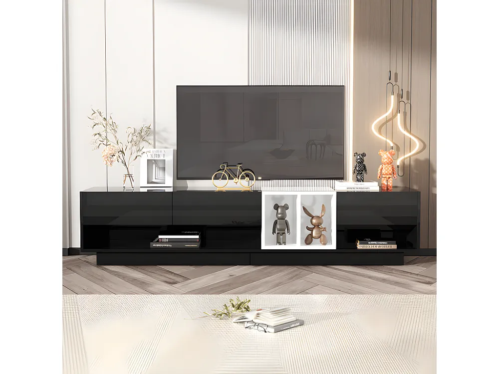 TV-meubel 190 cm - 3 lades en 2 vakken - glanzende look - Zwart ModernLuxe