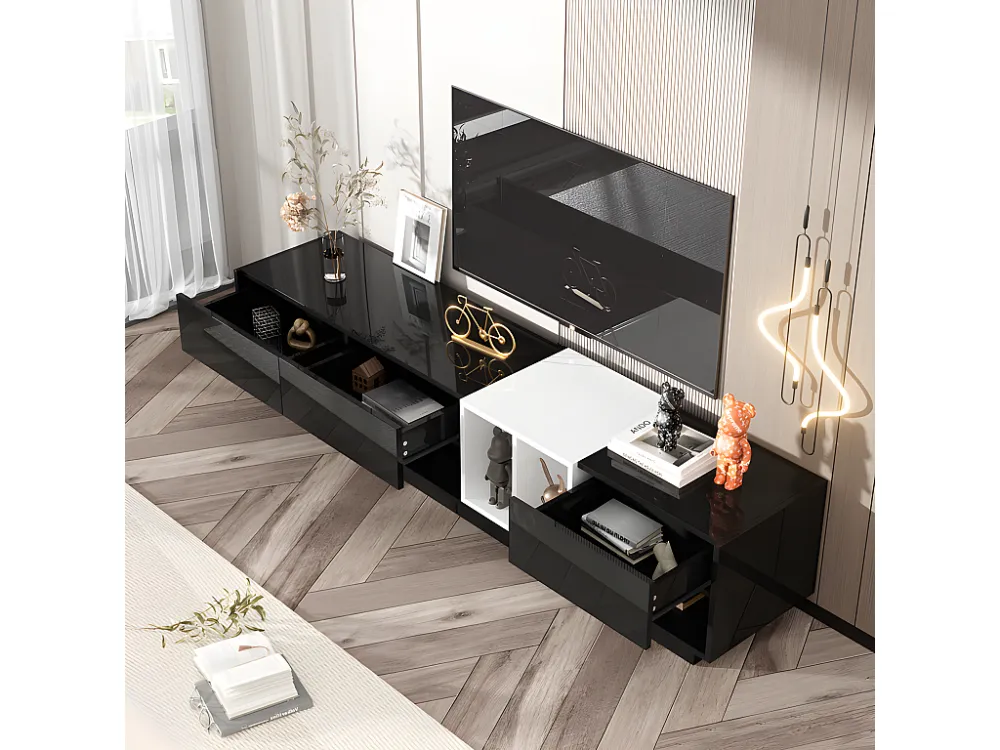 TV-meubel 190 cm - 3 lades en 2 vakken - glanzende look - Zwart ModernLuxe