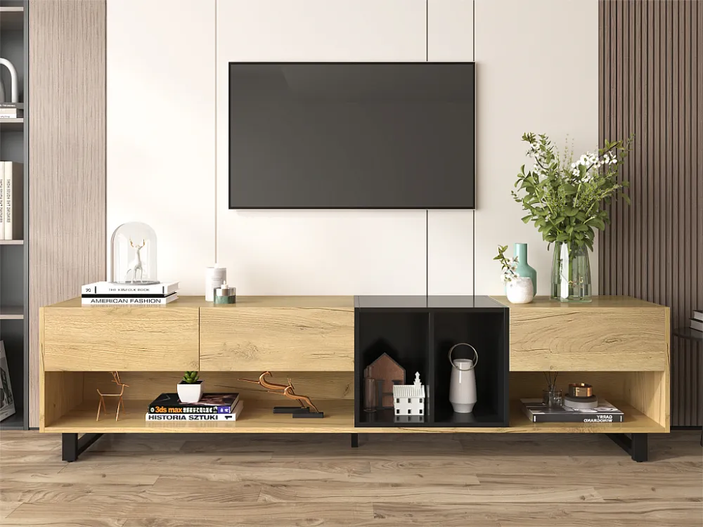 TV-meubel 200 cm - met grote opbergruimte - spaanplaat - Naturel & Zwart ModernLuxe
