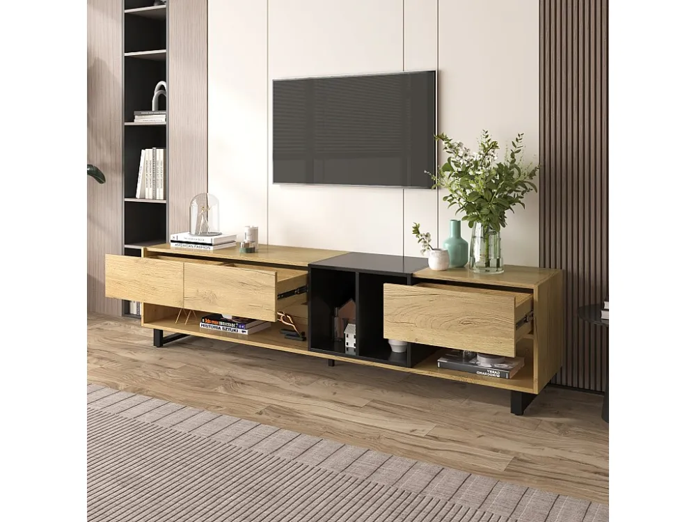 TV-meubel 200 cm - met grote opbergruimte - spaanplaat - Naturel & Zwart ModernLuxe