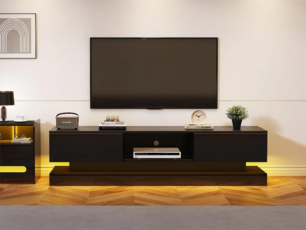 TV-meubel met LED 160cm - 2 lades en 1 open vak - geschikt voor 60" TV - Zwart ModernLuxe