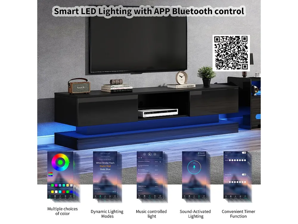 TV-meubel met LED 160cm - 2 lades en 1 open vak - geschikt voor 60" TV - Zwart ModernLuxe