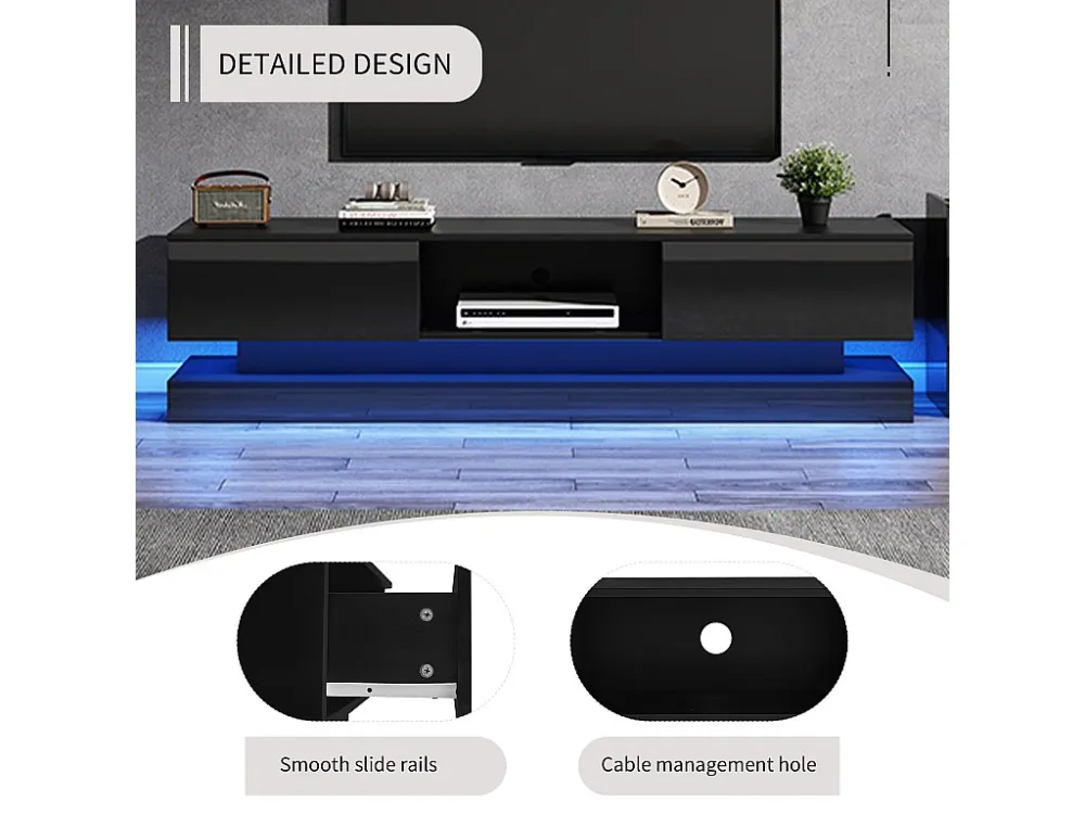 TV-meubel met LED 160cm - 2 lades en 1 open vak - geschikt voor 60" TV - Zwart ModernLuxe