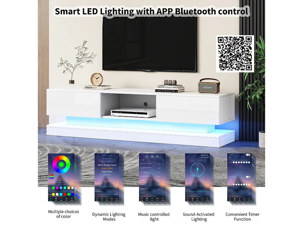 TV-meubel met LED 160cm - 2 lades en 1 open vak - geschikt voor 60" TV - Wit ModernLuxe