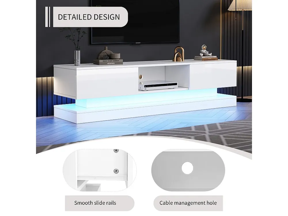 TV-meubel met LED 160cm - 2 lades en 1 open vak - geschikt voor 60" TV - Wit ModernLuxe