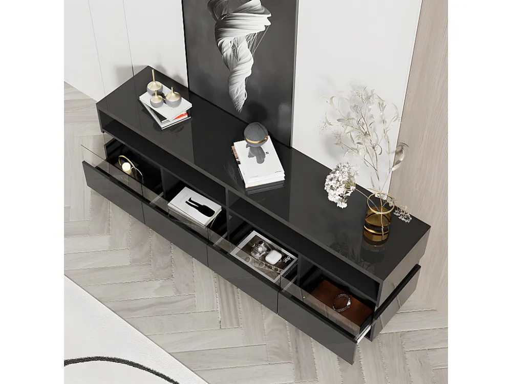 TV-meubel met LED - 2 open vakken en 4 grote lades - moderne stijl - Zwart ModernLuxe