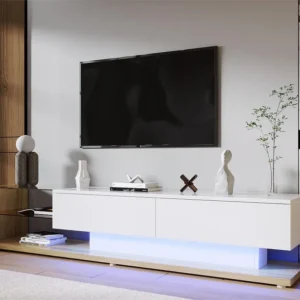 TV-meubel van 170 cm met LED en glazen scheidingswand - 2 lades - Wit en naturel ModernLuxe