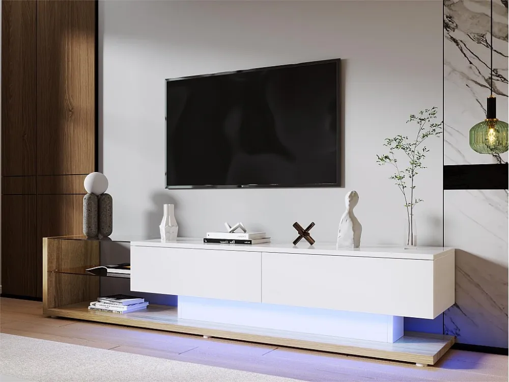 TV-meubel van 170 cm met LED en glazen scheidingswand - 2 lades - Wit en naturel ModernLuxe