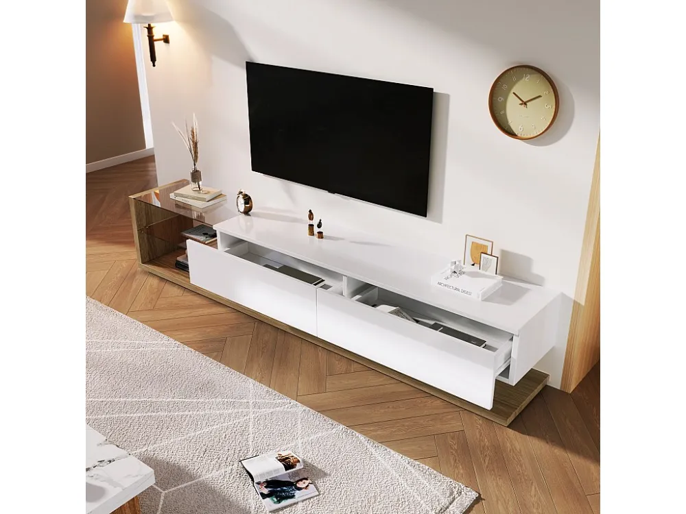 TV-meubel van 170 cm met LED en glazen scheidingswand - 2 lades - Wit en naturel ModernLuxe