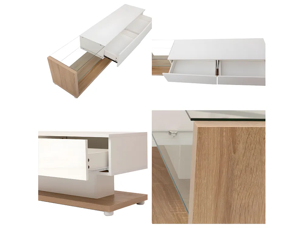 TV-meubel van 170 cm met LED en glazen scheidingswand - 2 lades - Wit en naturel ModernLuxe
