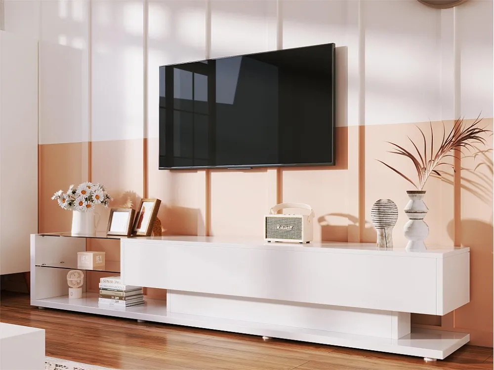 TV-meubel van 170 cm met LED en glazen scheidingswand - 2 lades - Wit ModernLuxe