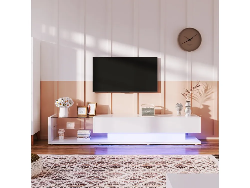 TV-meubel van 170 cm met LED en glazen scheidingswand - 2 lades - Wit ModernLuxe