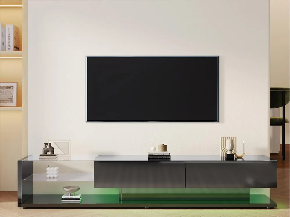 TV-meubel van 170 cm met LED en glazen scheidingswand - 2 lades - Zwart ModernLuxe