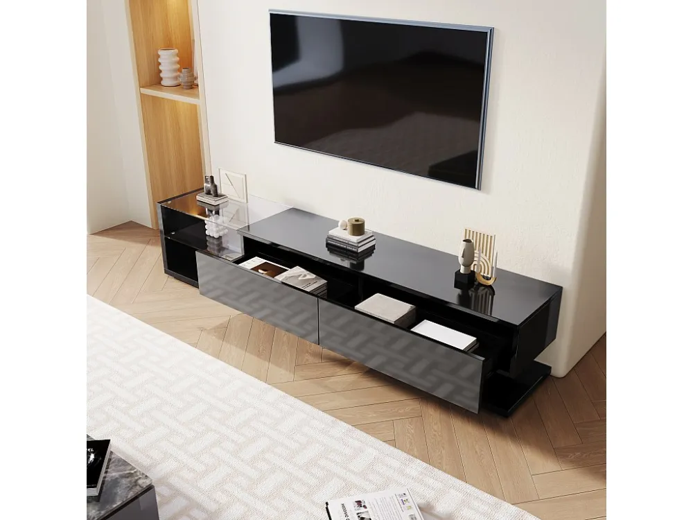 TV-meubel van 170 cm met LED en glazen scheidingswand - 2 lades - Zwart ModernLuxe