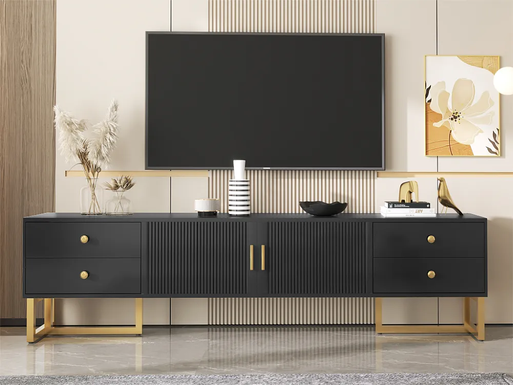 TV-meubel van 175 cm - 2 structuurdeuren en 4 laden - MDF - Zwart ModernLuxe