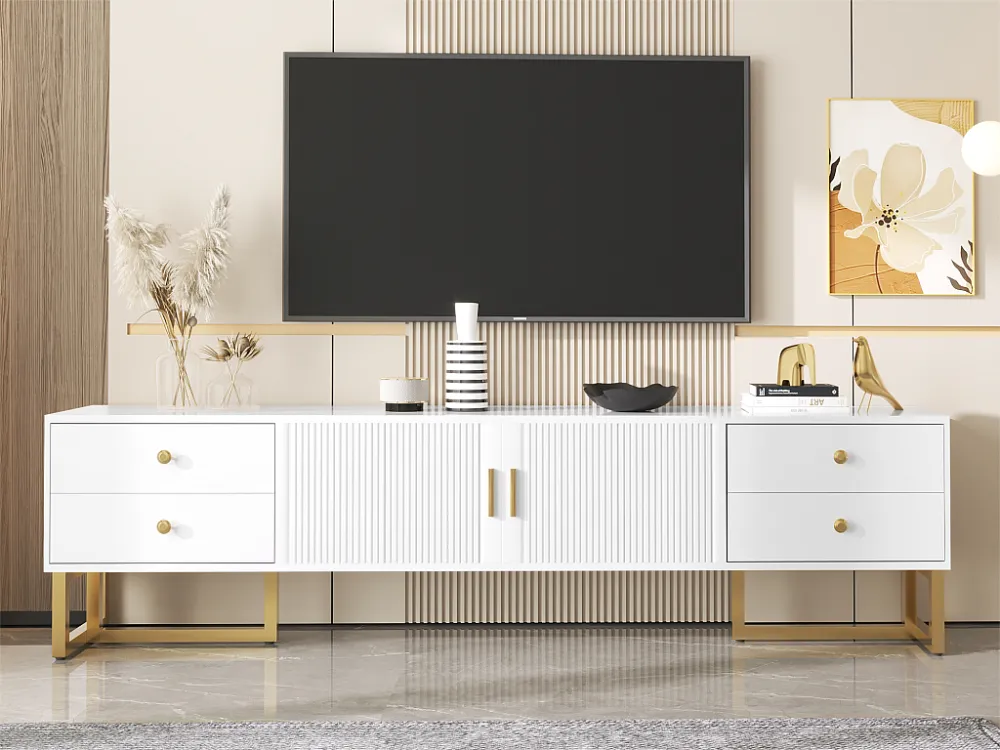 TV-meubel van 175 cm - 2 structuurdeuren en 4 laden - MDF - Wit ModernLuxe
