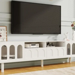 TV-meubel van 180 cm - 2 laden 2 open vakken 2 glazen deuren - geschikt voor 80" TV - Wit ModernLuxe